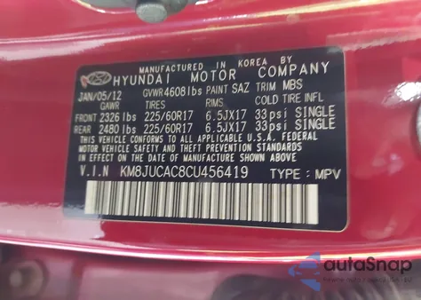 2012 Hyundai Tucson Gls from USA, damaged, VIN KM8JUCAC8CU456419